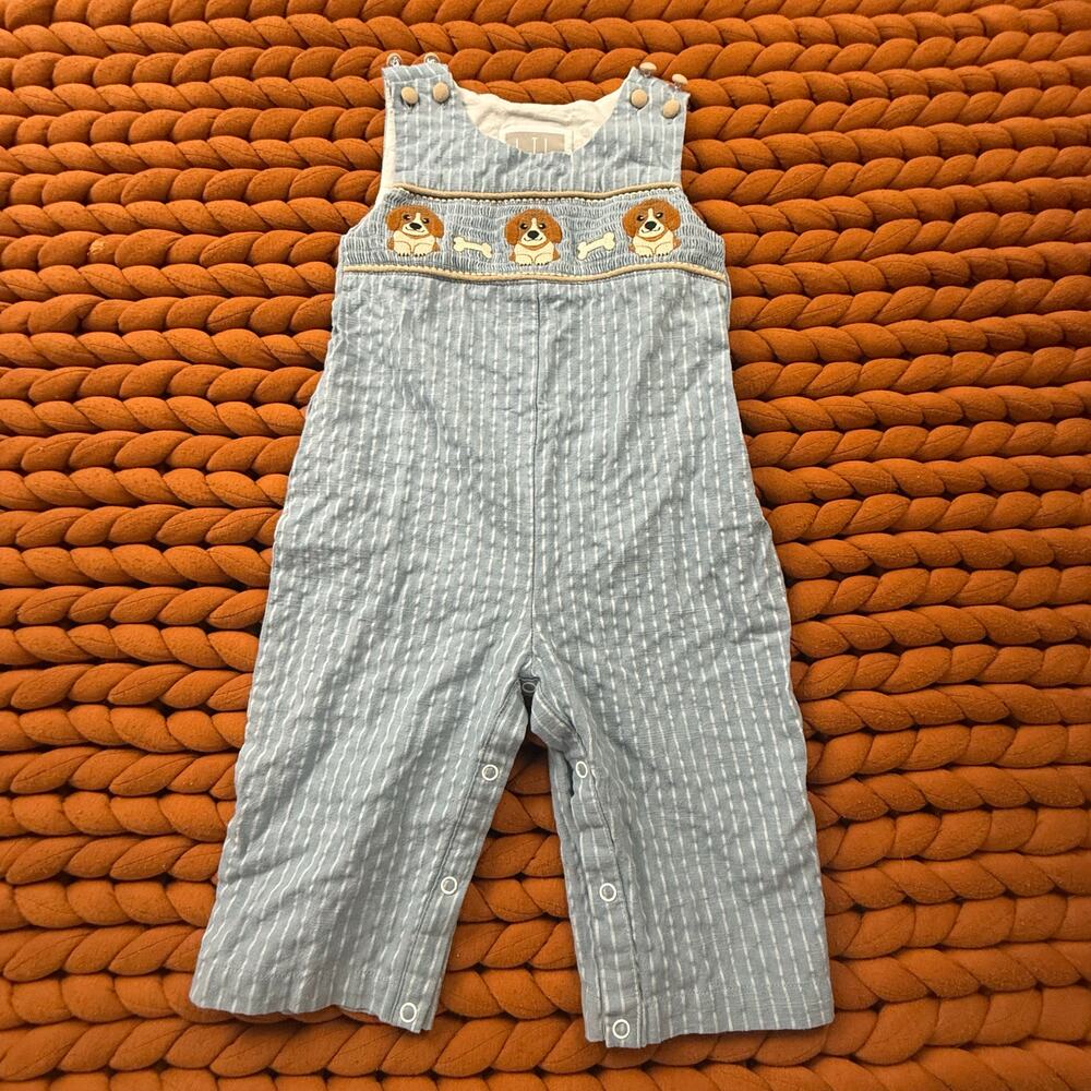 Lil Cactus Smocked Romper Jonjon Overalls Puppy Dog Blue Stripe 12-18 Months Boy
